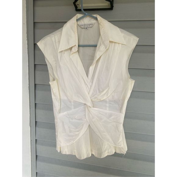 Trina Turk Tops - Trina Turk Cotton Blend Twist White Collared Sleeveless Blouse, Size Medium